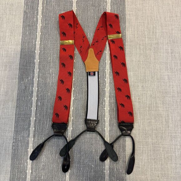 VTG Albert Thurston Suspenders Braces Elephants Red Black Button Leather London - Picture 1 of 7